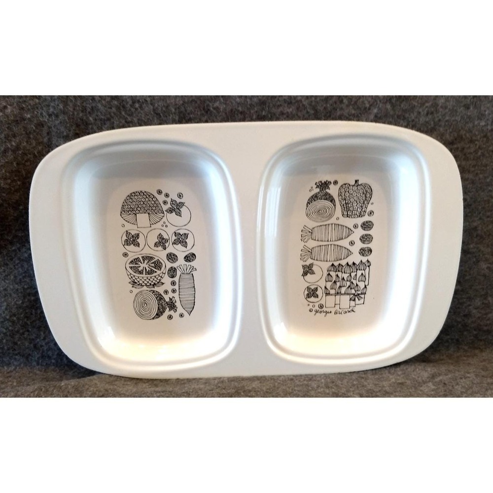 Georges Briard Enamel Divided Tray White & Black Mushroom Vegetables Motif‎ USA